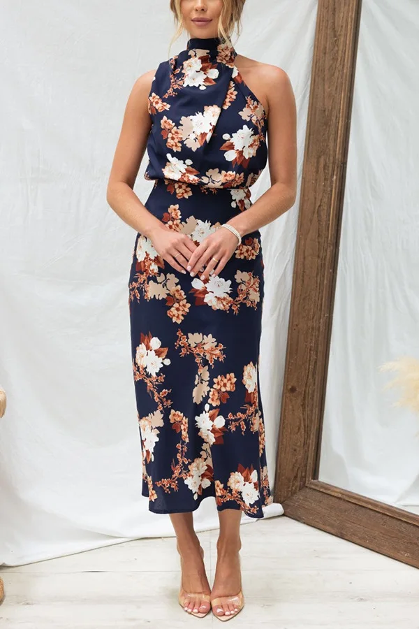 Floral Print Halter Neck Elastic Waist Maxi Dress - Moachic