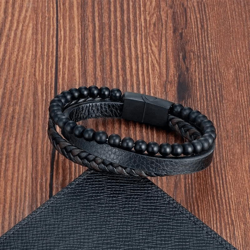 Volcanic Stone Mens Leather Bracelet - Stainless Steel Magnetic Clasp - Dakell