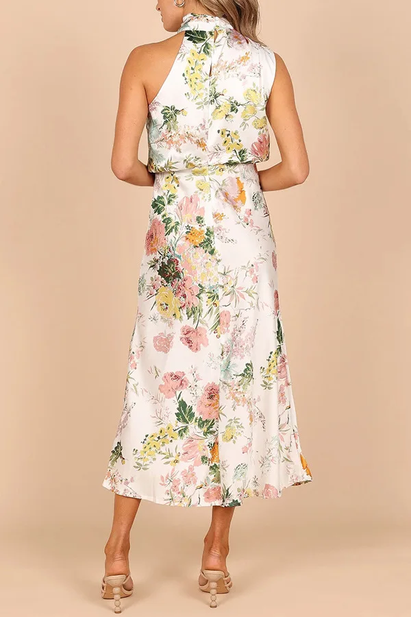 Floral Print Halter Neck Elastic Waist Maxi Dress - Moachic