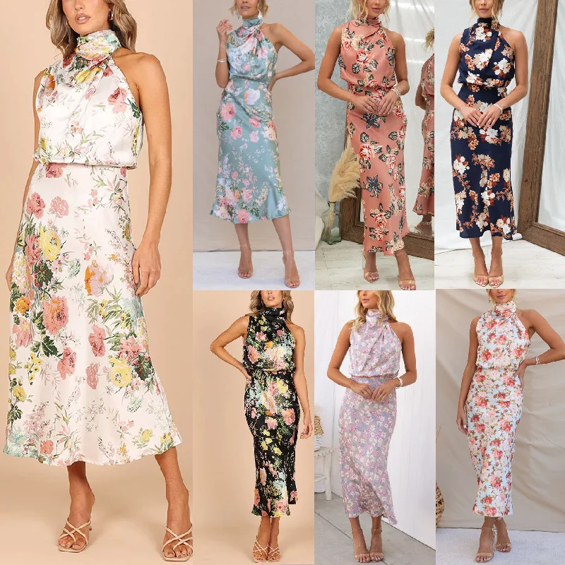 Floral Print Halter Neck Elastic Waist Maxi Dress - Moachic