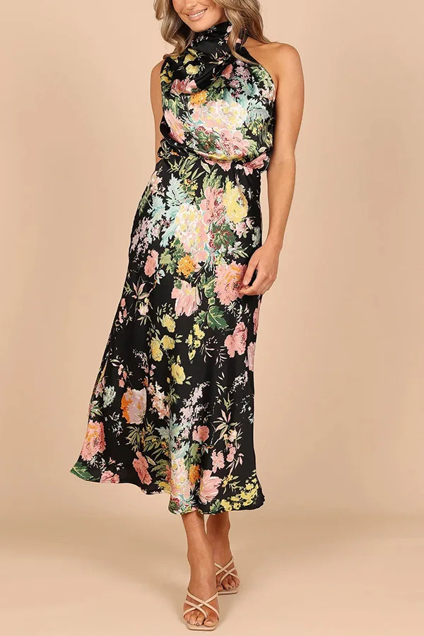 Floral Print Halter Neck Elastic Waist Maxi Dress - Moachic