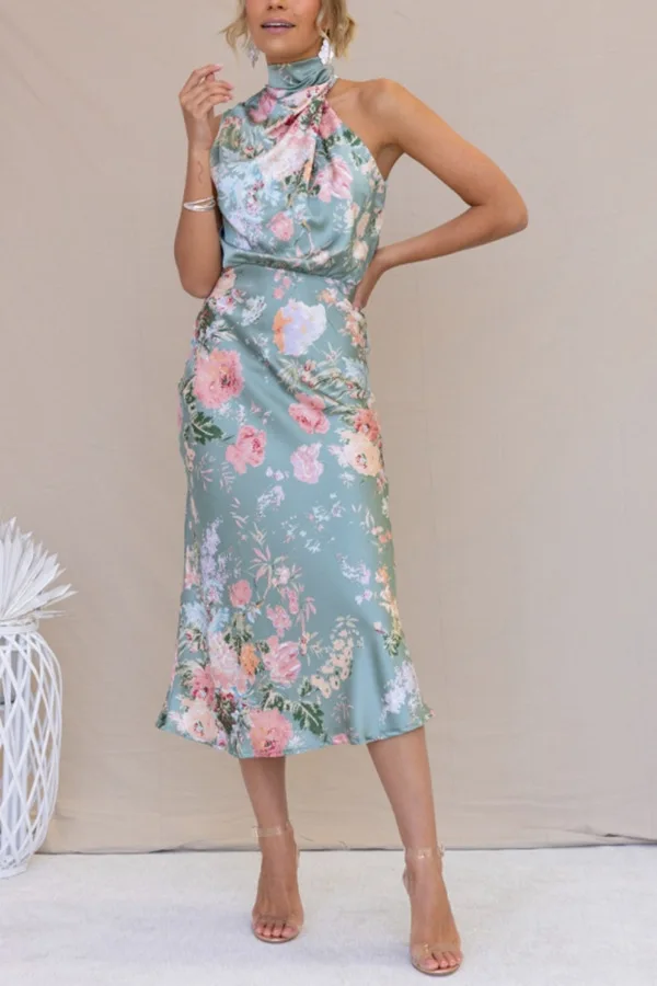 Floral Print Halter Neck Elastic Waist Maxi Dress - Moachic