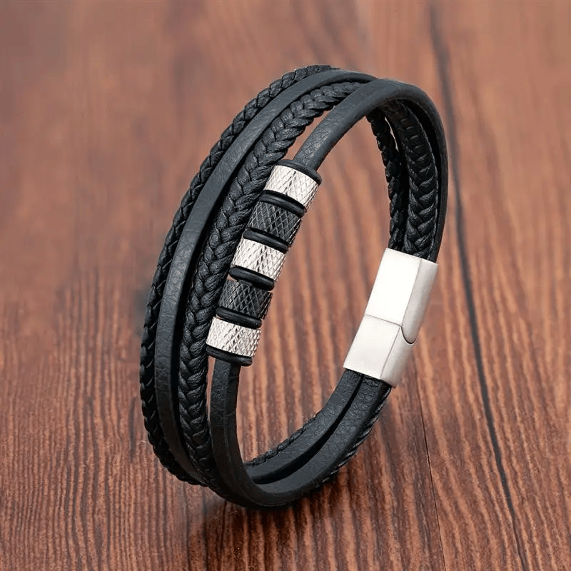 Volcanic Stone Mens Leather Bracelet - Stainless Steel Magnetic Clasp - Dakell