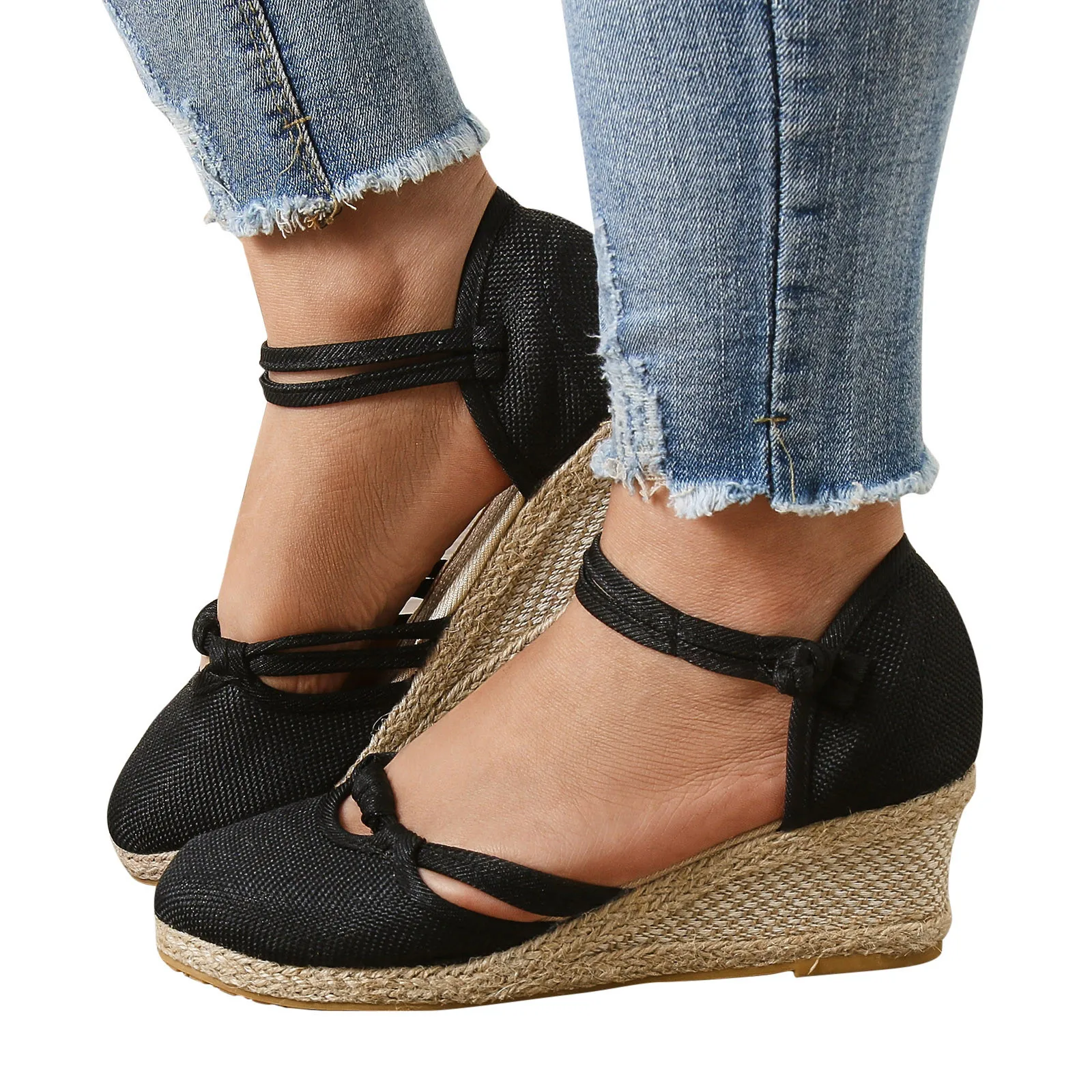 Comelyy Womens Sandals Wedge Comfortable Pointed Toe Hemp Braid Buckle
