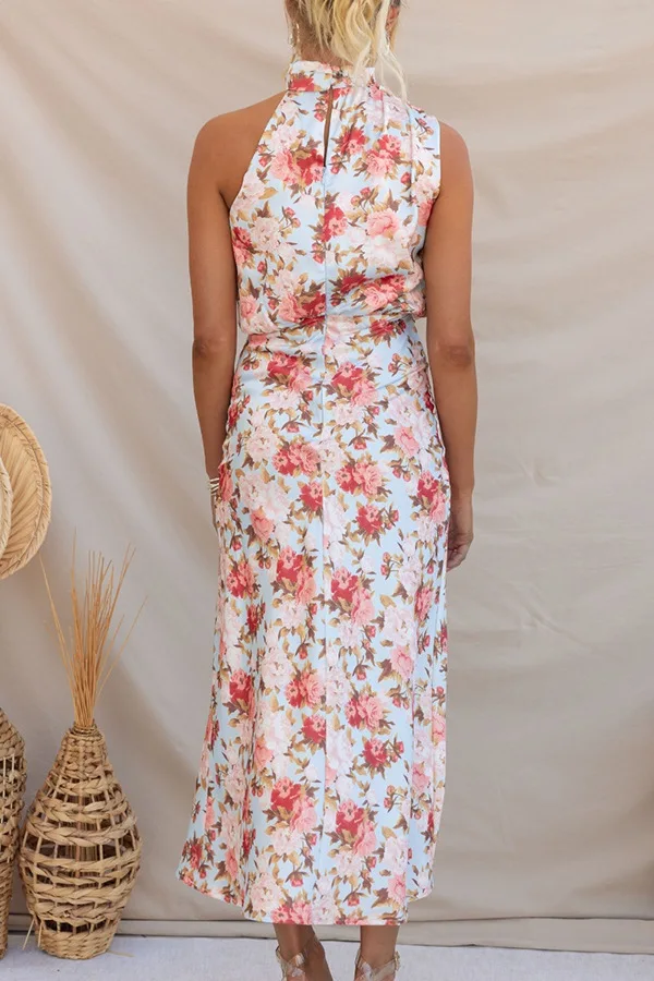 Floral Print Halter Neck Elastic Waist Maxi Dress - Moachic