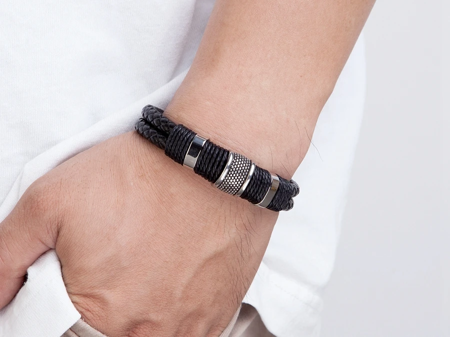Omni Leather Rope Bracelet - Classic Stainless Steel Double-layer Mens Bracelet With Special Design - Dakell