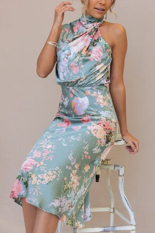 Floral Print Halter Neck Elastic Waist Maxi Dress - Moachic