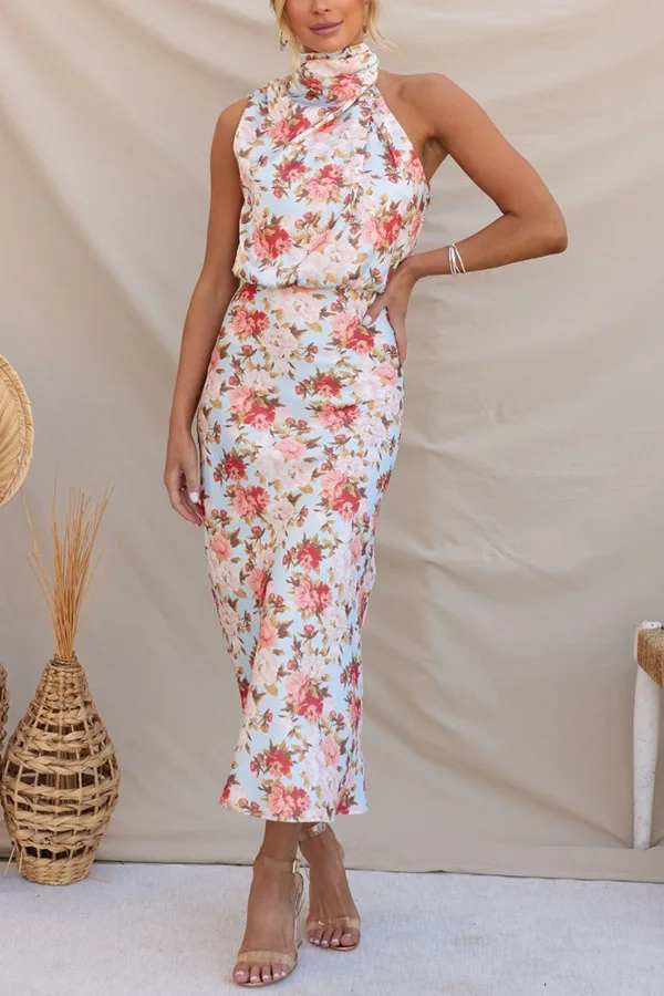Floral Print Halter Neck Elastic Waist Maxi Dress - Moachic