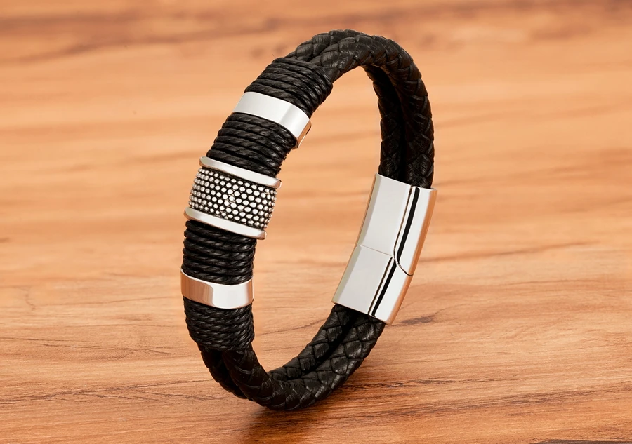 Omni Leather Rope Bracelet - Classic Stainless Steel Double-layer Mens Bracelet With Special Design - Dakell
