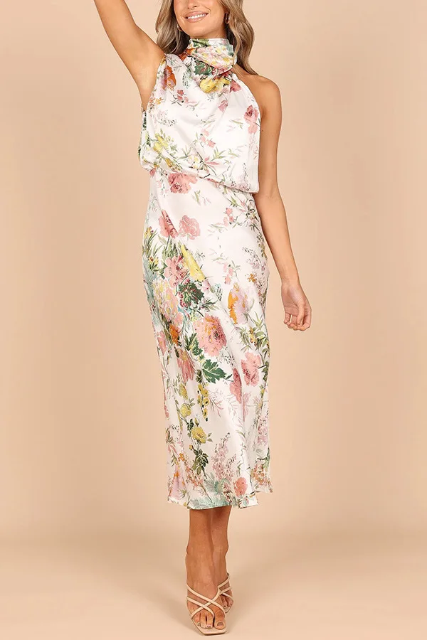 Floral Print Halter Neck Elastic Waist Maxi Dress - Moachic