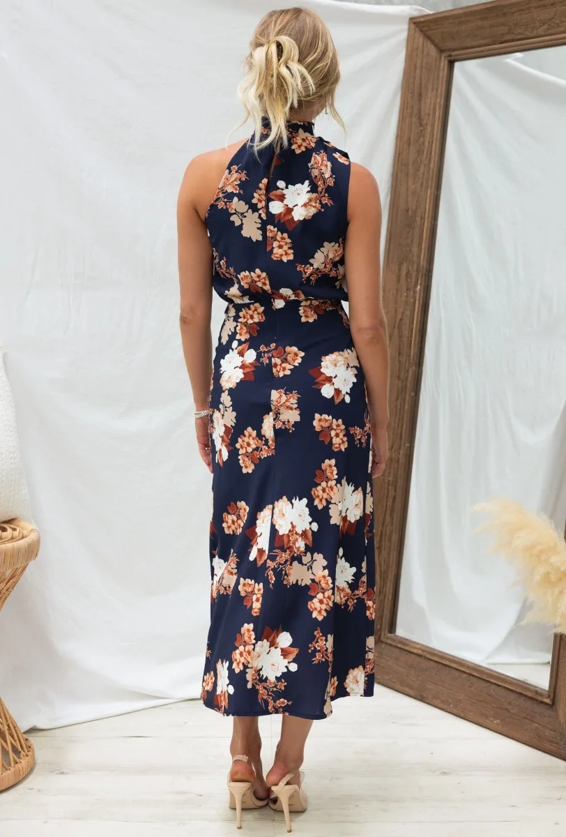 Floral Print Halter Neck Elastic Waist Maxi Dress - Moachic