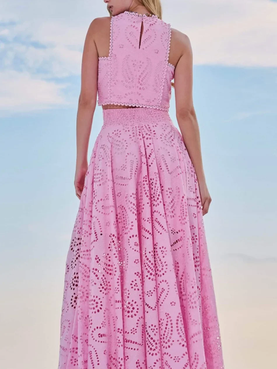 Exquisite Sleeveless Embroidered Hollow Lace Top & Skirt - Moachic