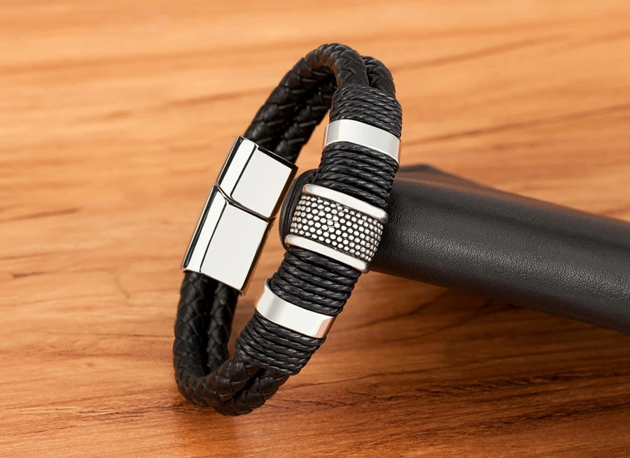 Omni Leather Rope Bracelet - Classic Stainless Steel Double-layer Mens Bracelet With Special Design - Dakell