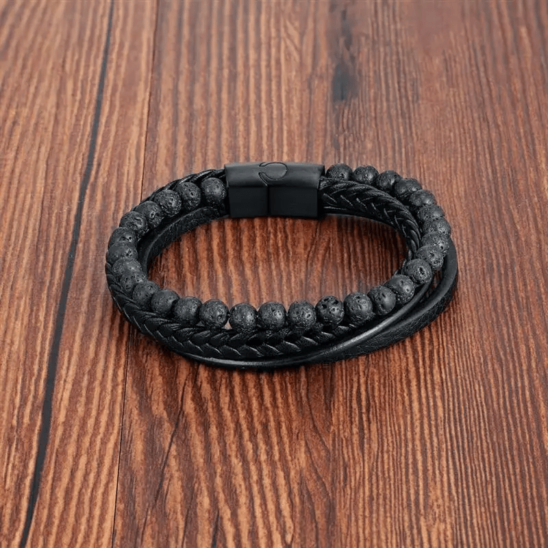 Volcanic Stone Mens Leather Bracelet - Stainless Steel Magnetic Clasp - Dakell
