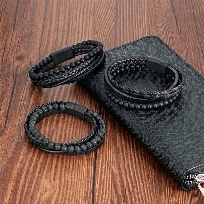 Volcanic Stone Mens Leather Bracelet - Stainless Steel Magnetic Clasp - Dakell