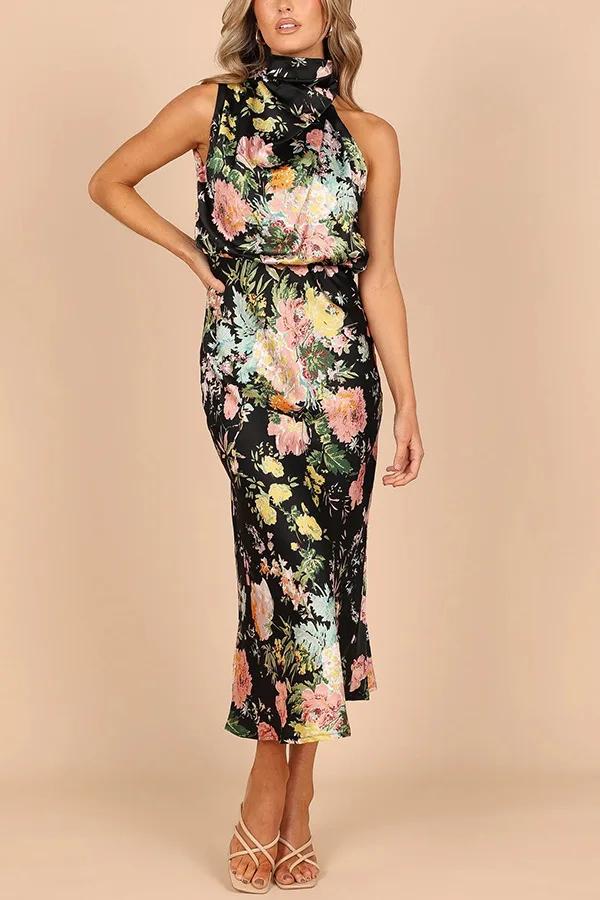 Floral Print Halter Neck Elastic Waist Maxi Dress - Moachic