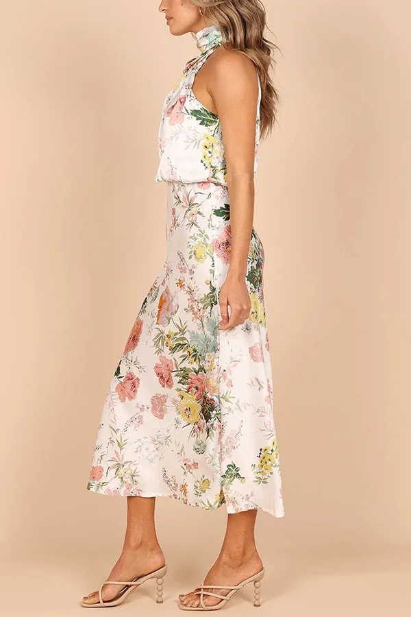 Floral Print Halter Neck Elastic Waist Maxi Dress - Moachic