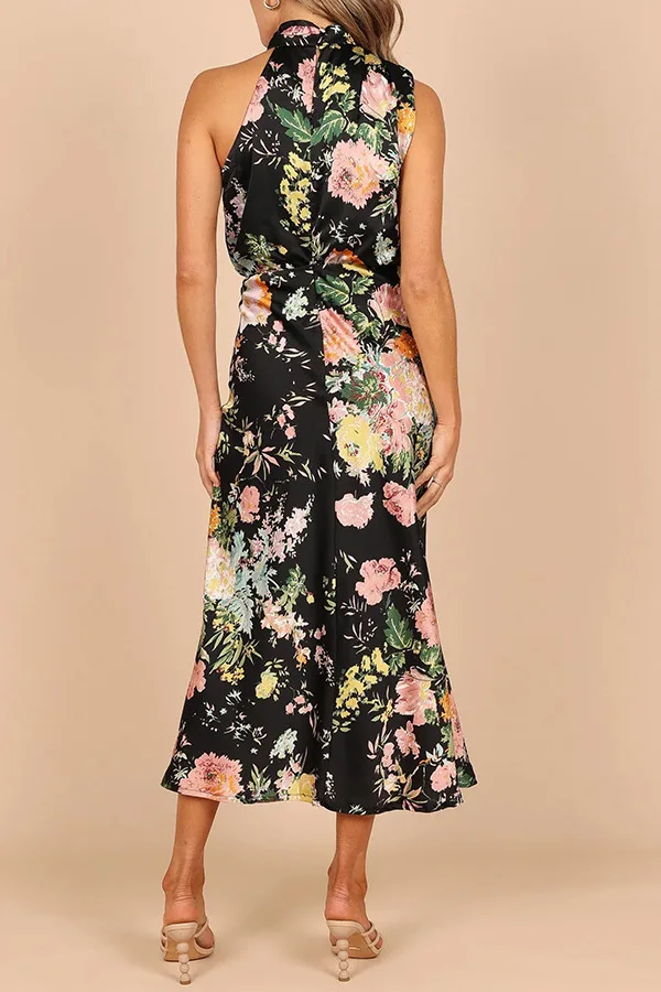 Floral Print Halter Neck Elastic Waist Maxi Dress - Moachic