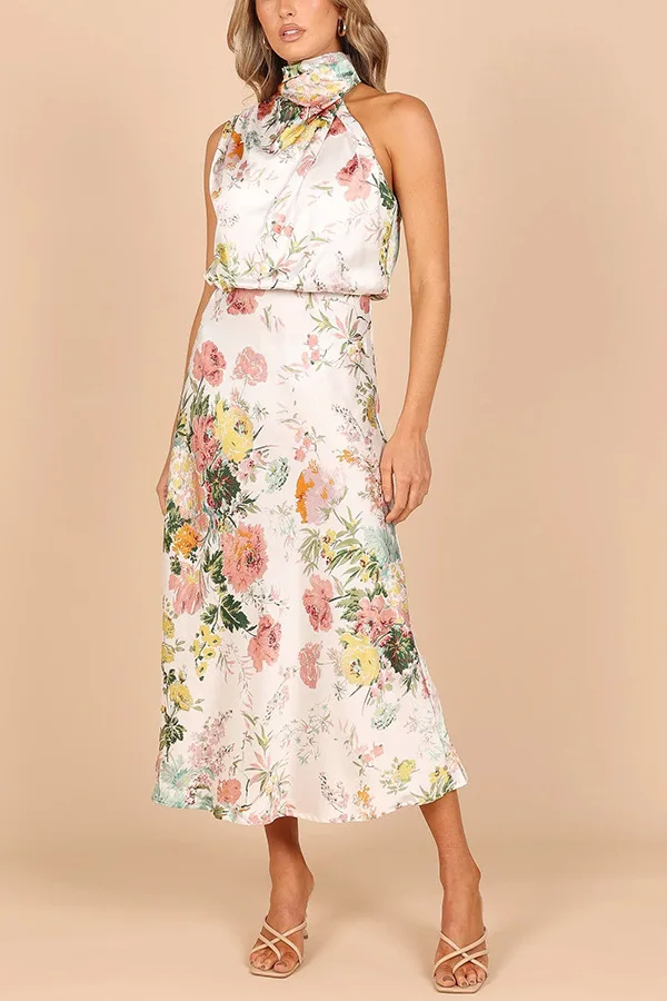 Floral Print Halter Neck Elastic Waist Maxi Dress - Moachic