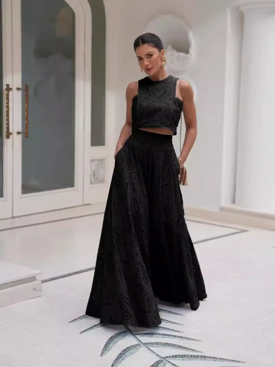 Exquisite Sleeveless Embroidered Hollow Lace Top & Skirt - Moachic