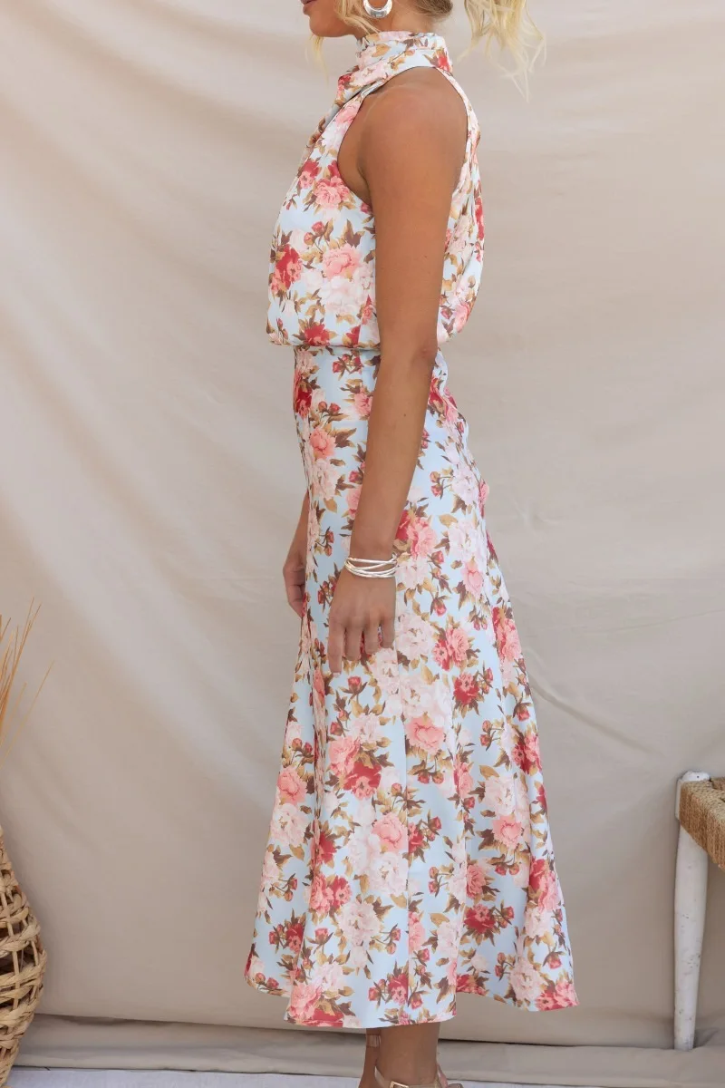 Floral Print Halter Neck Elastic Waist Maxi Dress - Moachic