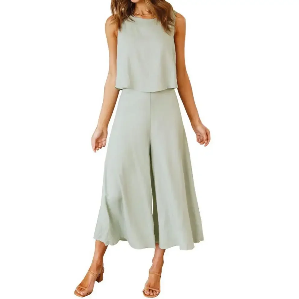Crewneck Sleeveless Top And Wide Leg Pants Solid Set