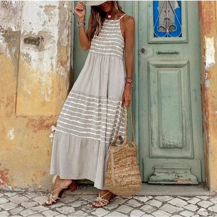 Casual Striped Splice Ruffle Maxi Cami Dress