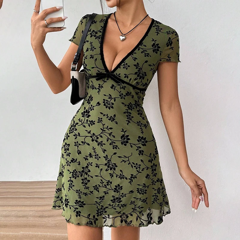 Floral V-neck Knit Dress – Black Trim