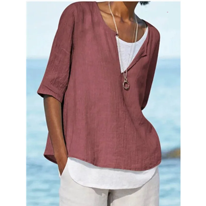 Solid Half Sleeve Cotton Linen Blouse Shirt