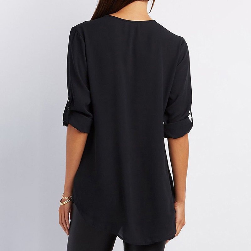 V Neck Zipper Patchwork Plain Blouses