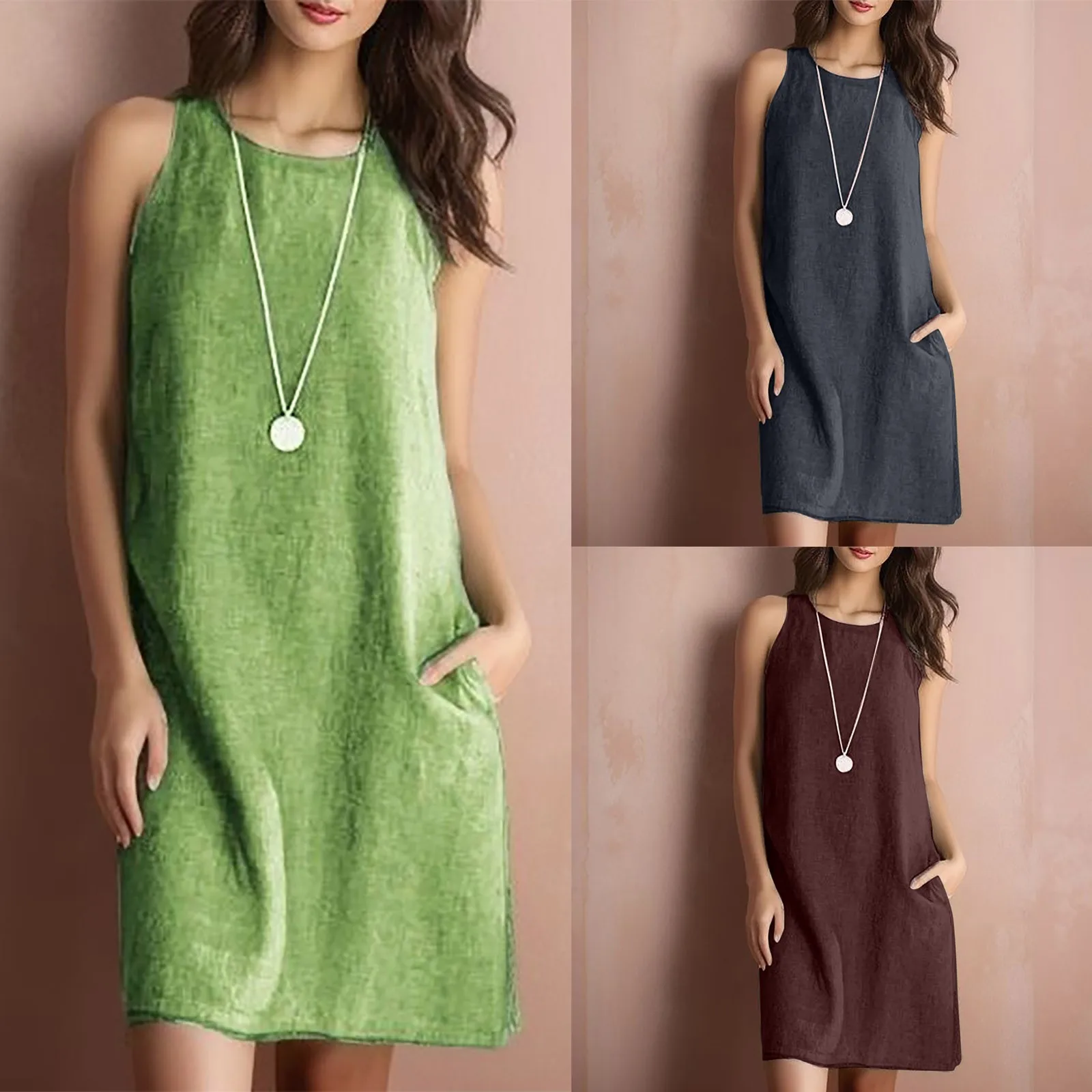 Solid Crewneck Sleeveless Raw Hem Dress With Pockets