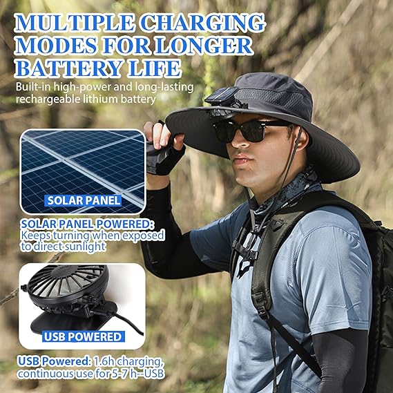 🔥Fathers Day Sale 49% Off - Wide Brim Solar Fan Outdoor Fishing Hat-solar & Usb Charging