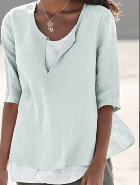 Solid Half Sleeve Cotton Linen Blouse Shirt
