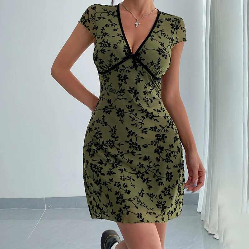 Floral V-neck Knit Dress – Black Trim