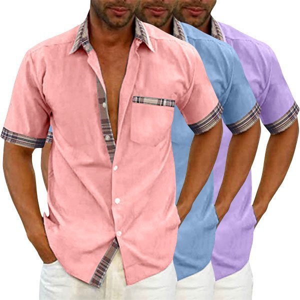 Mens Casual Plaid Collar Button Summer Linen Shirt